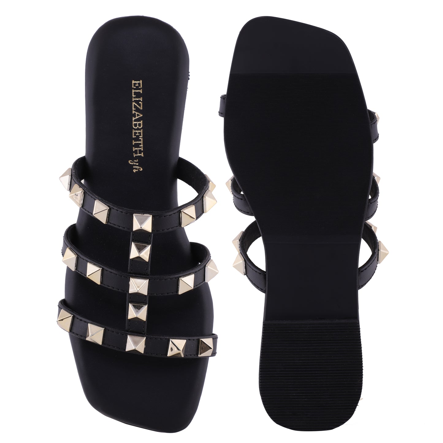 ELZ Diamond Studded Black Flat Slides