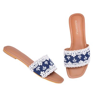 ELZ White Lacey Denim Flat Slider