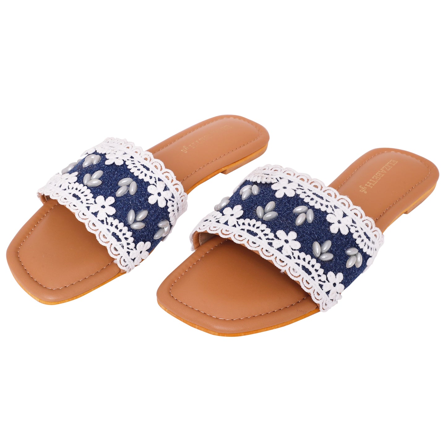 ELZ White Lacey Denim Flat Slider